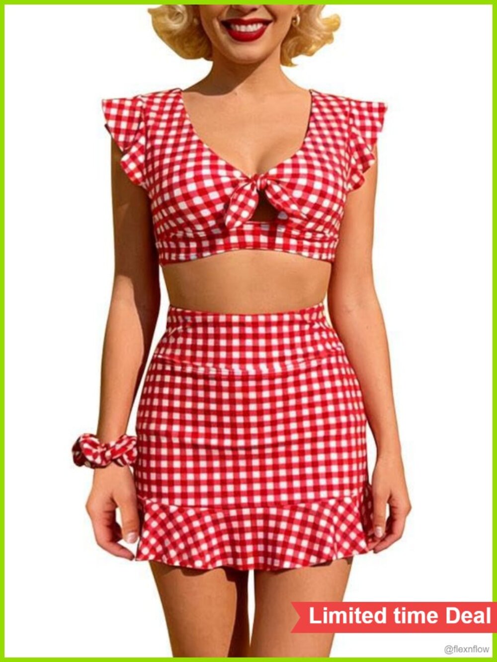 Women's Retro Ruched Ruffle High Waist Two Piece Bikini Set Tie Knot Front Swim